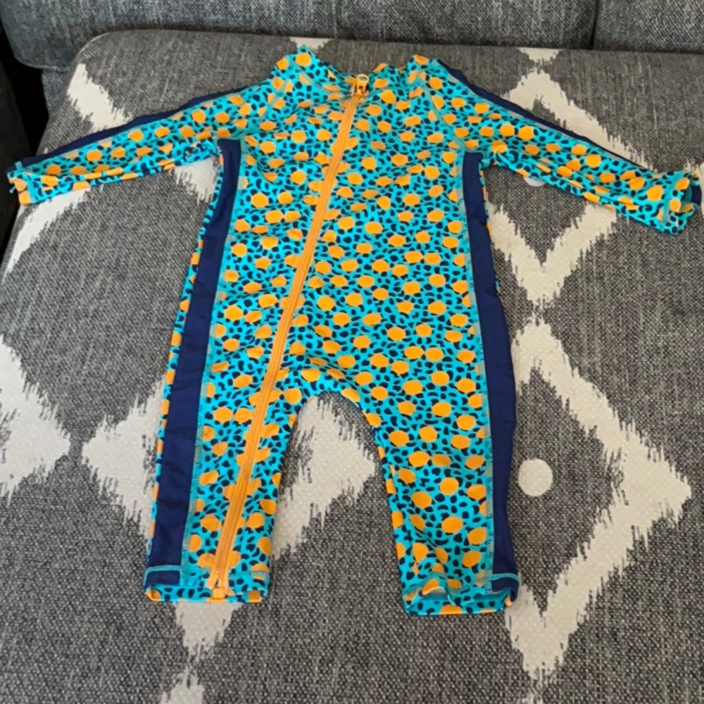 Vibrant Blue and Orange Swim Footies with Geometric Design, SPF 50,mint conditio